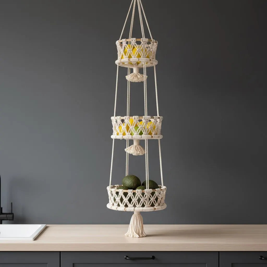 Macrame Tiered Fruit Hammock | Boho Kitchen Storage | Handmade Veggie Organizer 1 2 3 Tier