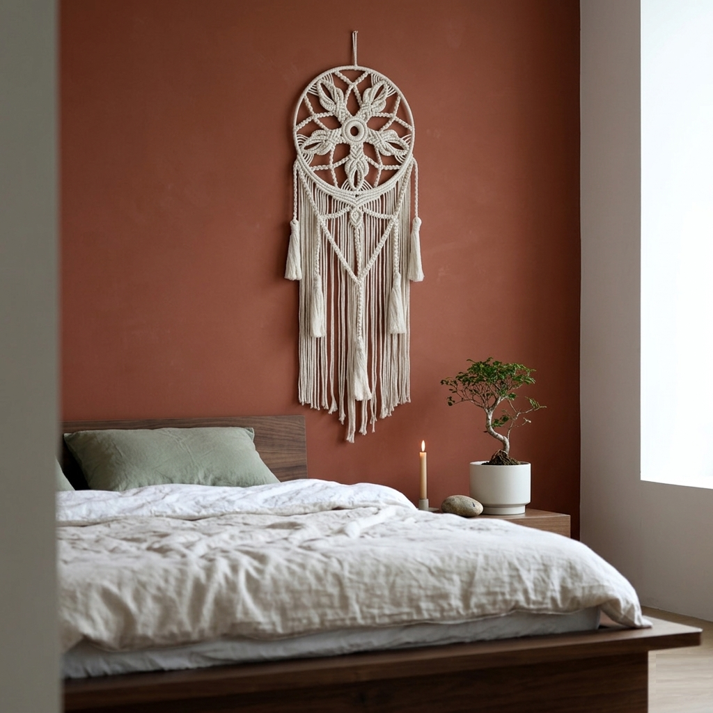 Large round cream macrame dreamcatcher above bed with rust cushions on terracotta wall boho bedroom — Bohoartis