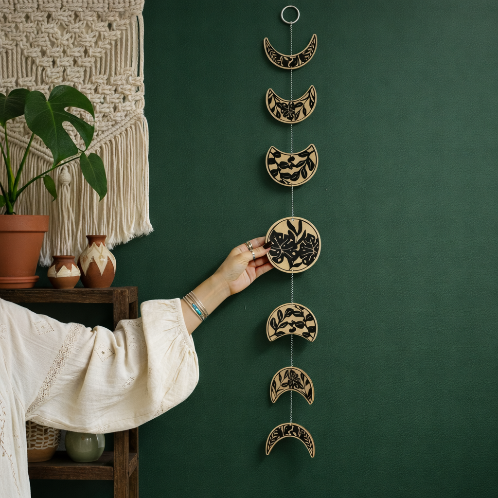 Close-up of moon phase garland discs with precision-cut black botanical monstera pattern, aesthetic celestial wall art