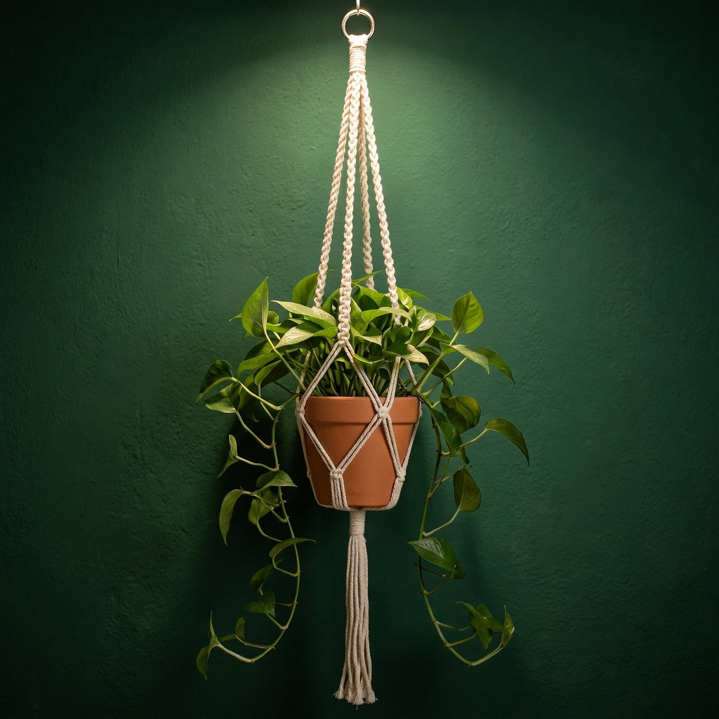Minimalist macrame plant hanger metal ring top on dark green wall with terracotta pot, boho indoor plant decor