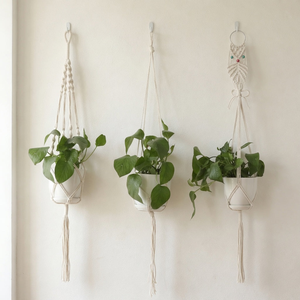 Macrame Plant Hanger — Simple Loop, Natural Cotton Rope, 3 Styles, 105 cm