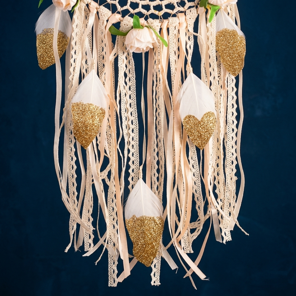 Close-up white feathers gold glitter heart accents and lace ribbon strands bohemian dreamcatcher navy background