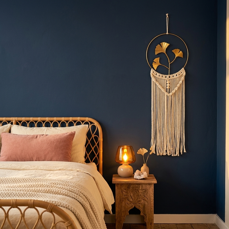 Ginkgo macrame fringe wall hanging on navy blue wall above rattan bed in boho bedroom — Bohoartis