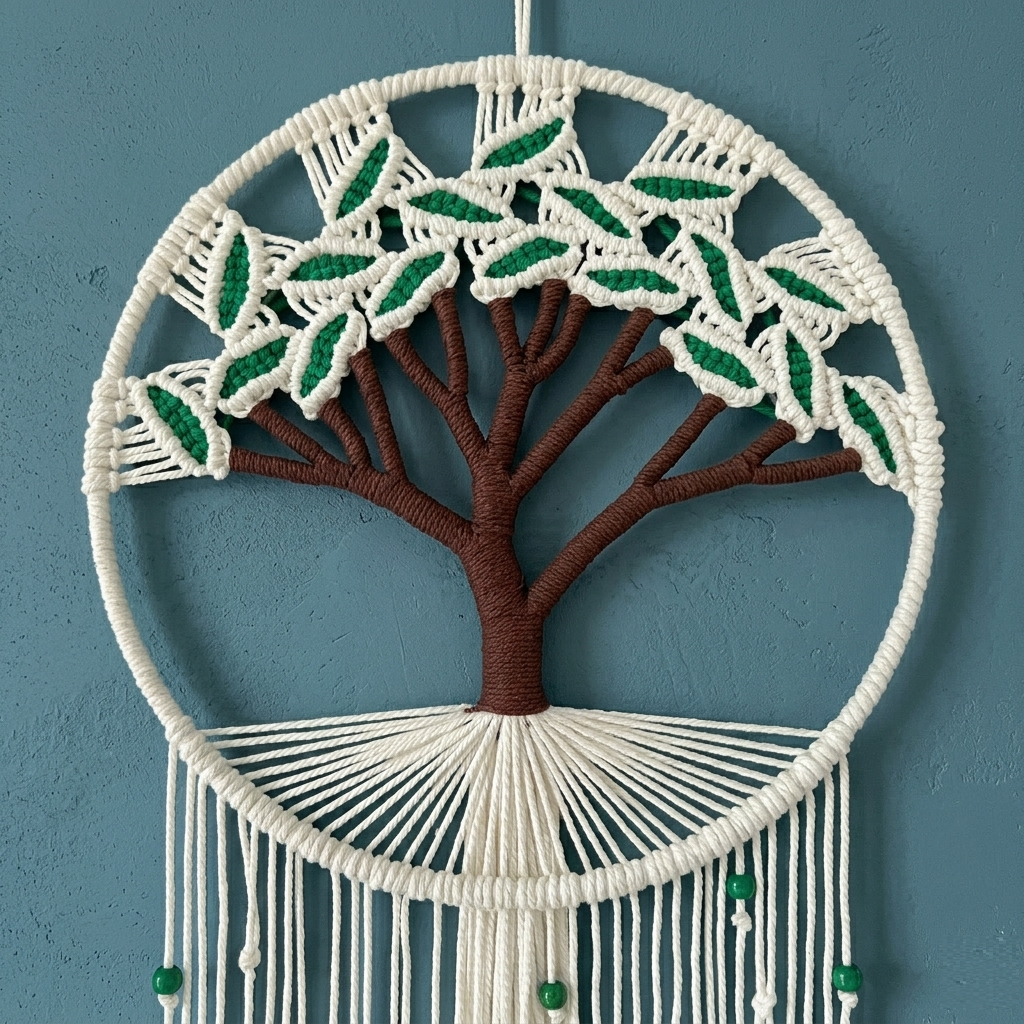 Close up tree of life macrame wall hanging detail, brown cotton trunk green woven leaves canopy, handcrafted boho art