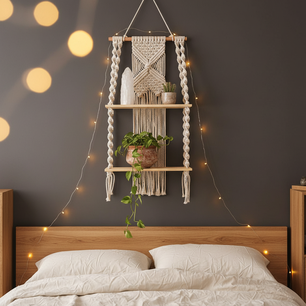 Macrame hanging shelf above bed in cozy boho bedroom decor with warm fairy lights and wooden boards