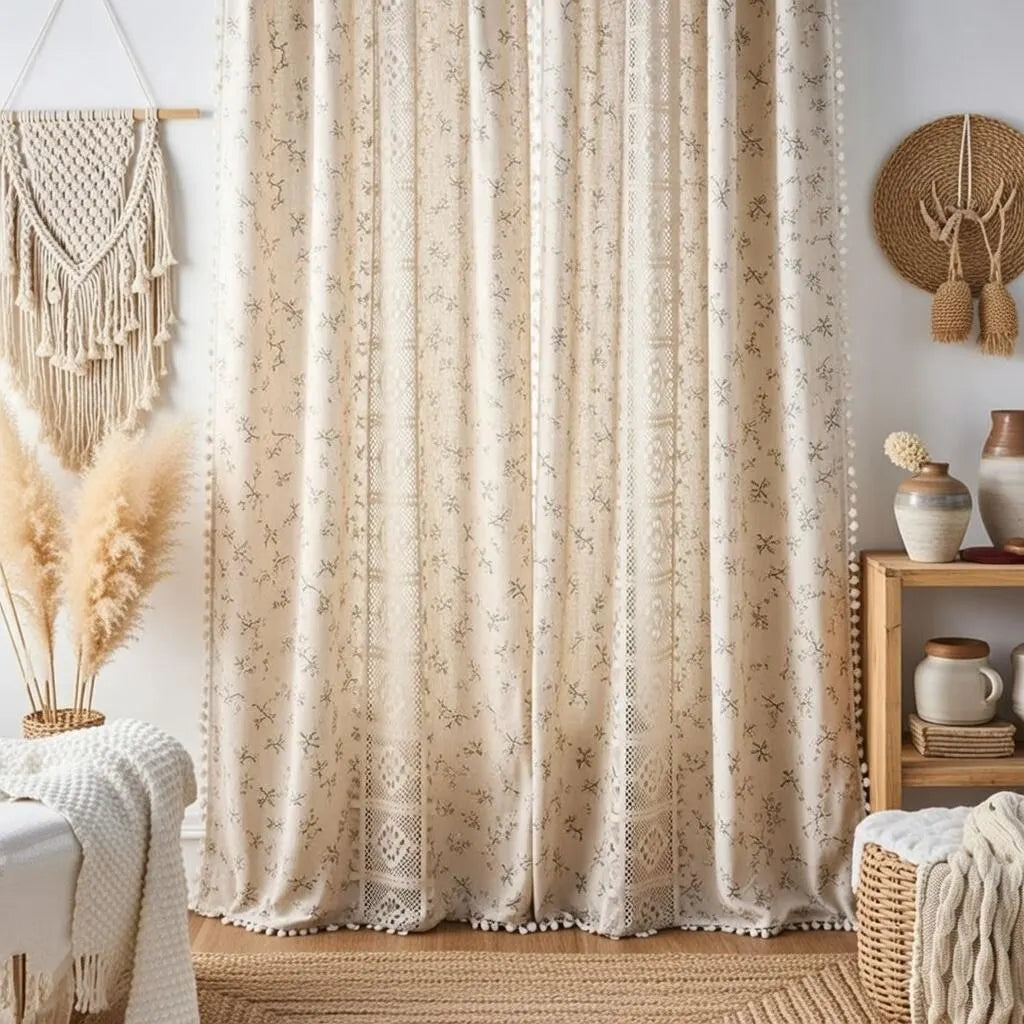 Crochet Lace Curtains Handmade Boho Tassel Trim Semi Blackout Window Treatment Farmhouse