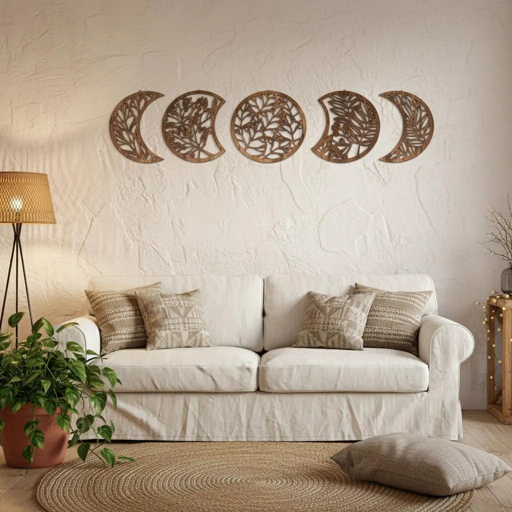 Moon Phase Wall Art Set of 5 Wooden Boho Celestial Home Ornament Crescent Decor