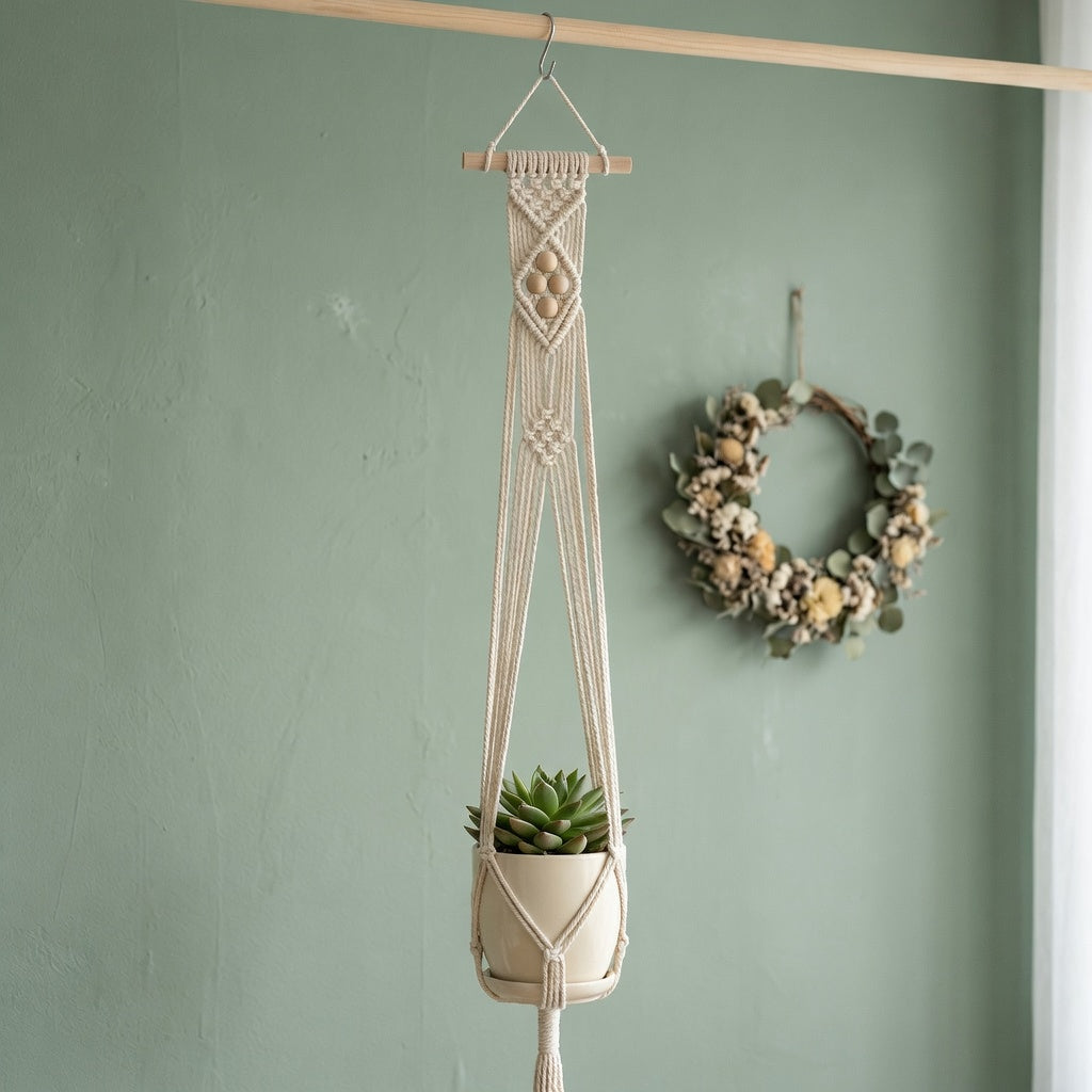Boho macrame plant hanger with wooden dowel in cottagecore nursery sage green wall dried flower wreath