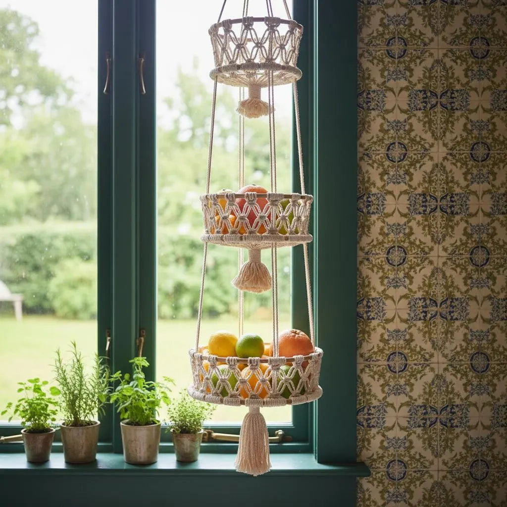 Macrame Tiered Fruit Hammock | Boho Kitchen Storage | Handmade Veggie Organizer 1 2 3 Tier