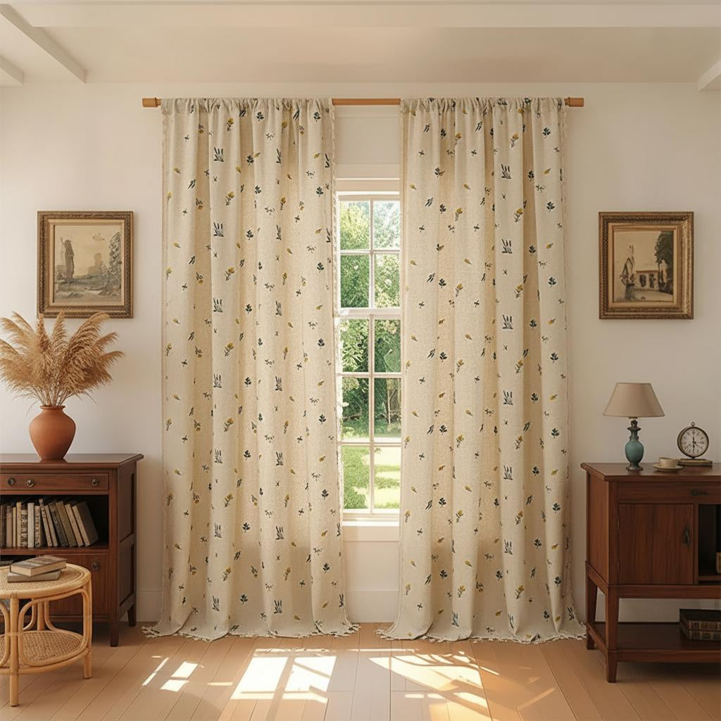 Boho Embroidered Linen Curtain Daisy Floral Farmhouse Rod Pocket Window Drape