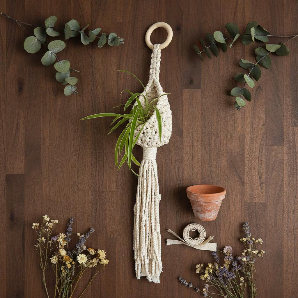 Macrame Plant Hanger Air Plant Holder | Boho Wall Hanging Crochet Planter | Farmhouse Decor Set