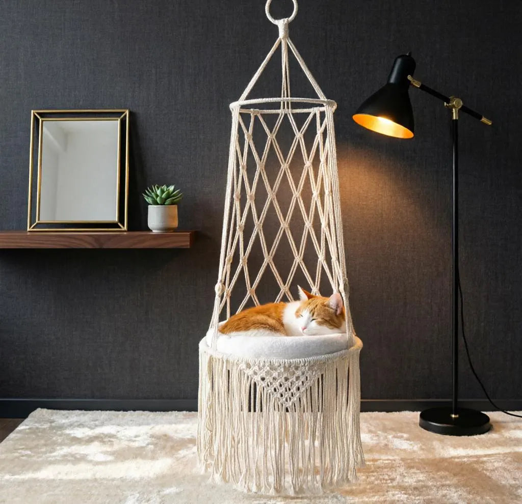 Macrame Cat Hammock – Handmade Fringe Hanging Bed, Boho Pet Decor, Cat Lover Gift