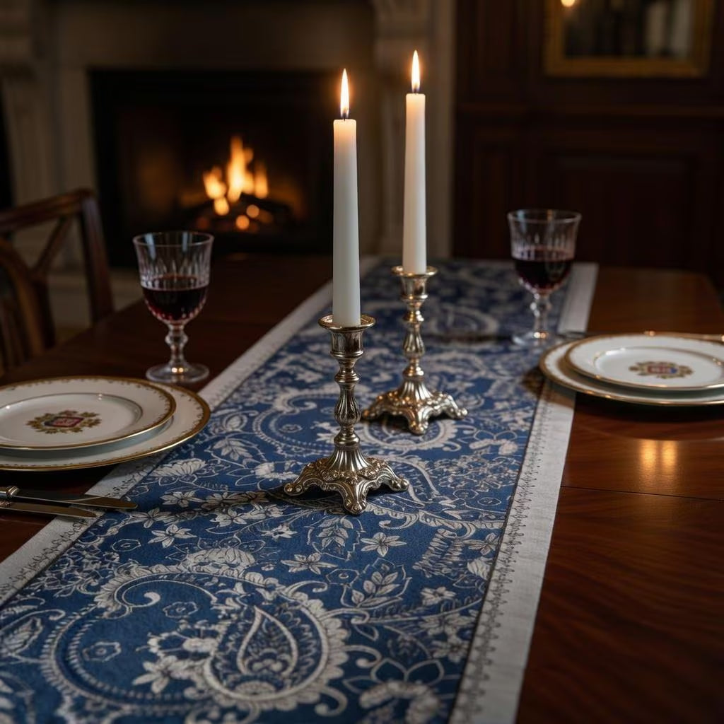 Navy Paisley Tassel Table Runner | Jacquard Floral Boho Farmhouse Dining Decor