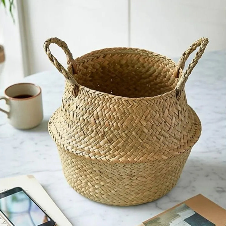 Seagrass Belly Basket, Woven Storage Organizer, Plant Pot Cover, Boho Laundry Hamper, Natural Decor