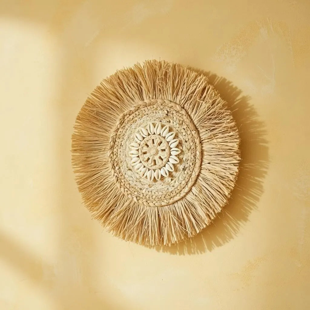 Handmade Raffia Hanging with Cowrie Shells | Boho round Straw Art | Beach House Gift