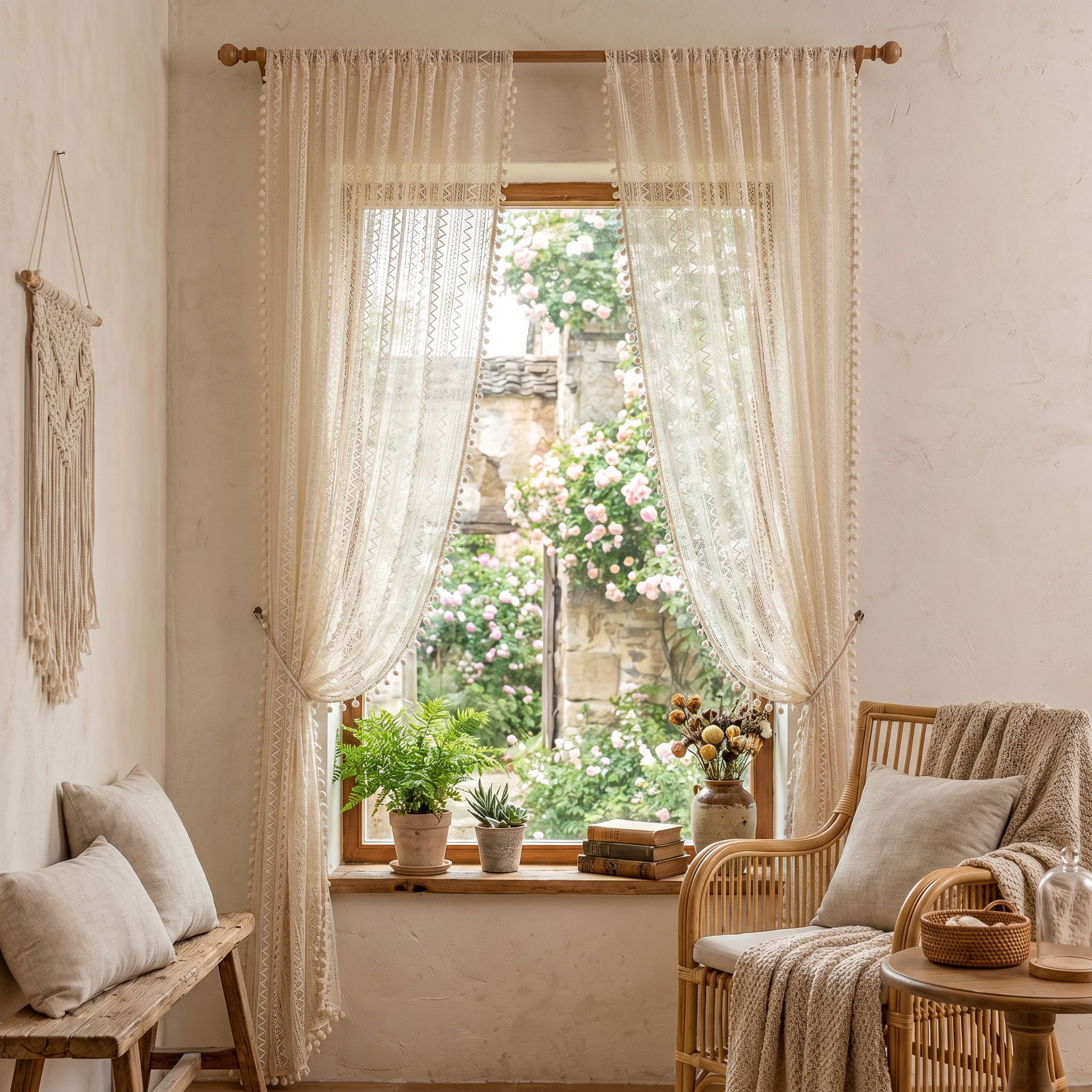 Cozy living room with a window, curtains, plants, and a chair.