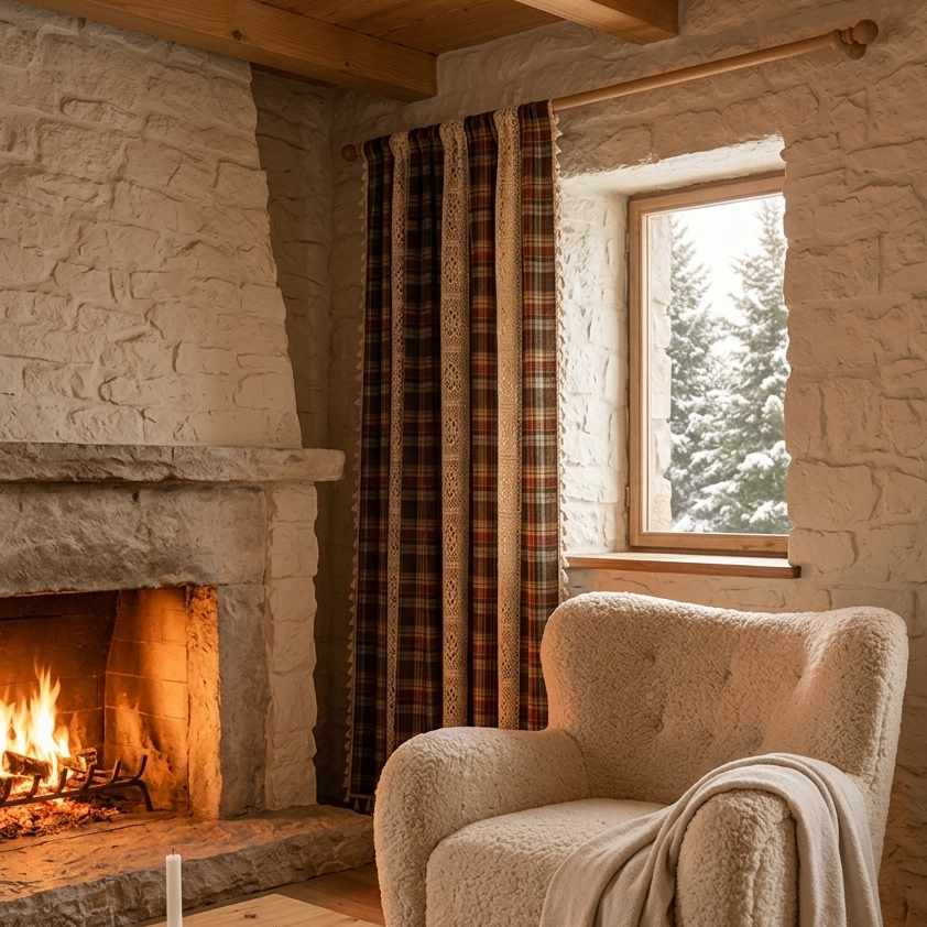 Red buffalo plaid crochet tassel curtain panel in a cozy farmhouse living room with stone fireplace