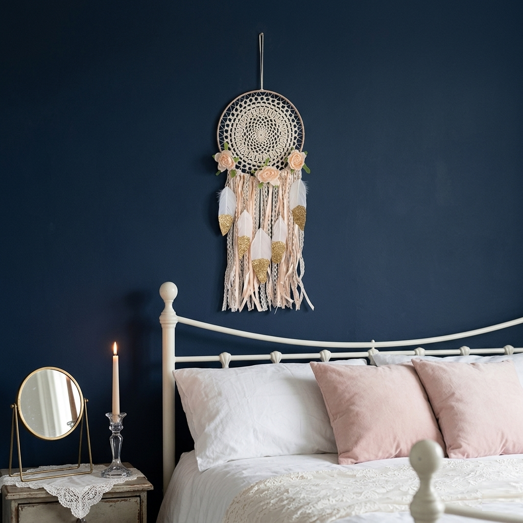 Boho lace flower dreamcatcher with gold glitter hearts on navy blue wall in romantic bedroom decor