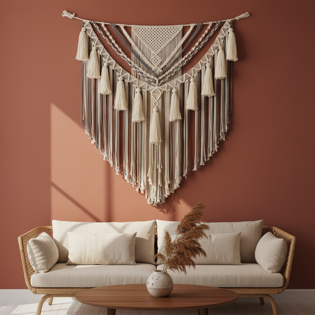 Macrame wall hanging on terracotta wall above sofa — farmhouse living room decor, large neutral boho tapestry