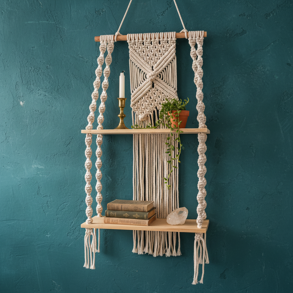 Bohemian macrame shelf on deep teal wall with candles and ceramics as boho floating shelf decor