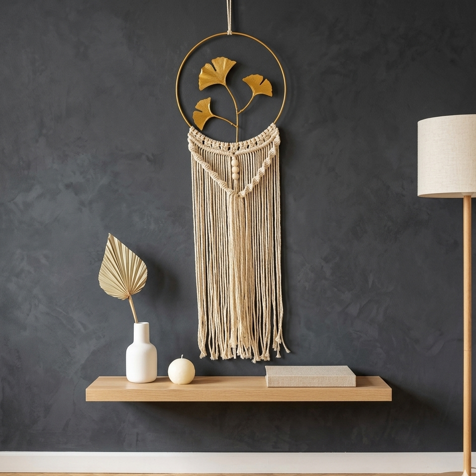 Gold hoop ginkgo leaf macrame wall hanging on charcoal grey wall above oak floating shelf Scandinavian decor — Bohoartis