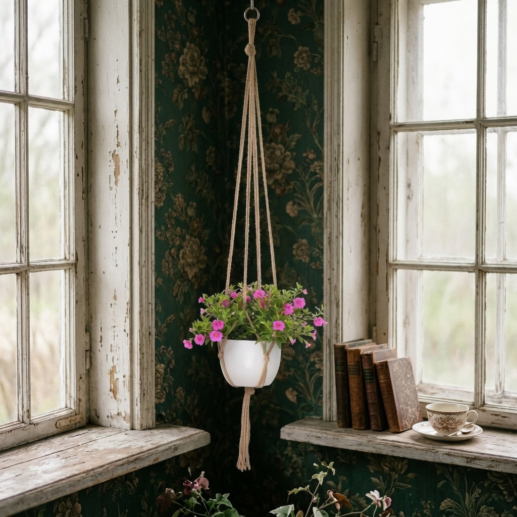 Jute plant hanger with pink petunias near a vintage window, cottagecore style