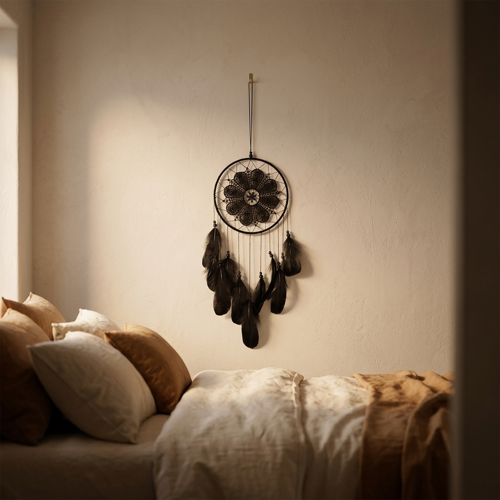 Dreamcatcher hanging on a wall above a bed with pillows and blankets.