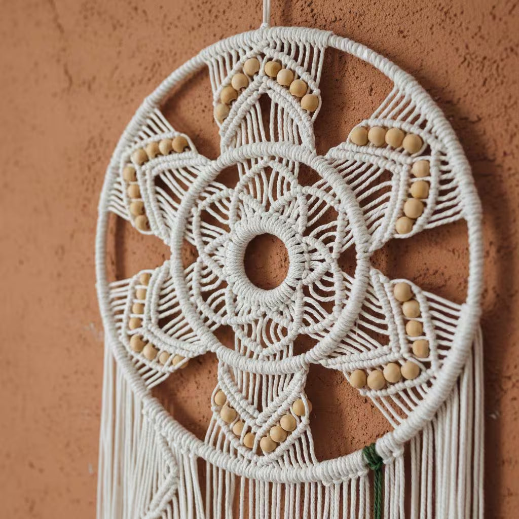 Macrame Wall Hanging Dream Catcher | Mandala Boho Wall Decor Wood Beads Green Leaf Fringe