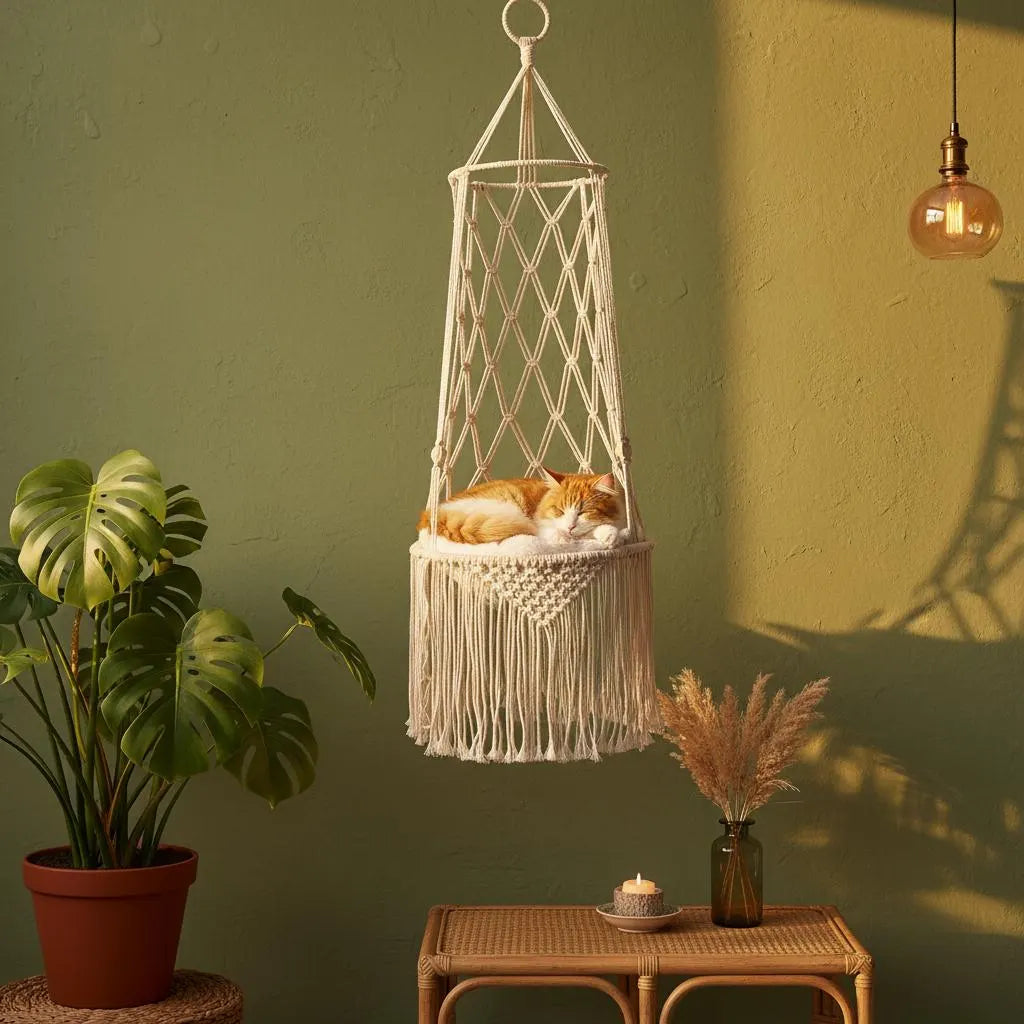 Macrame Cat Hammock – Handmade Fringe Hanging Bed, Boho Pet Decor, Cat Lover Gift