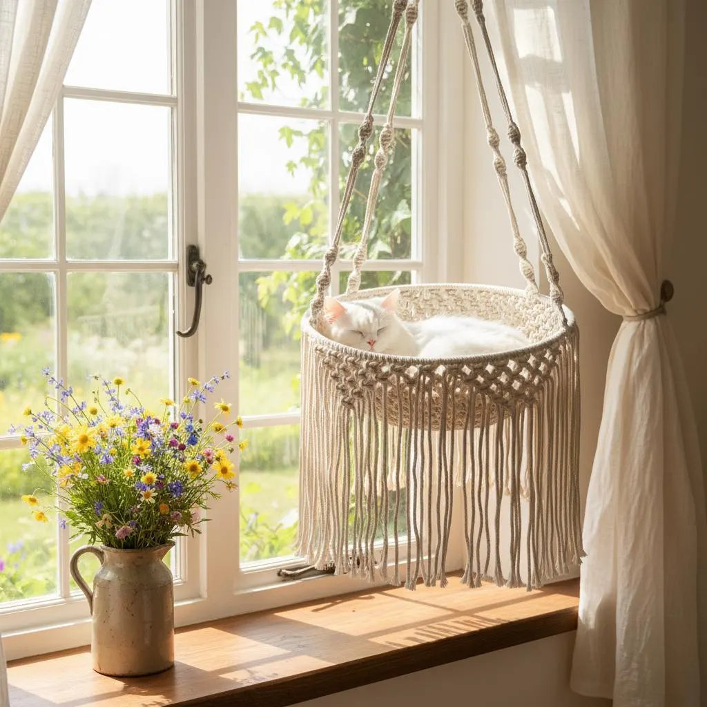 Macrame Cat Bed Hanging Hammock, Boho Cat Nest Cotton Basket, Fringe Pet Swing Gift