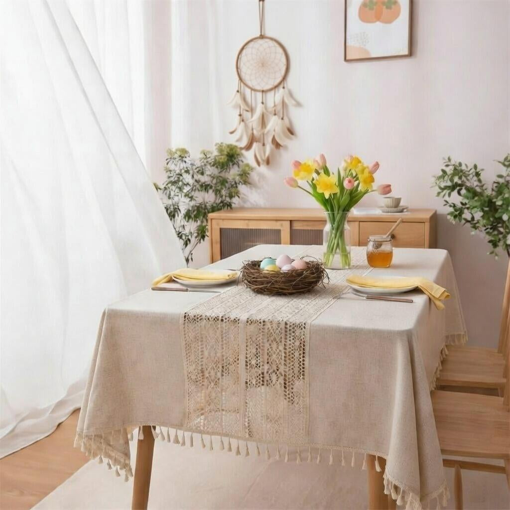 Crochet Tassel Tablecloth | Boho Farmhouse Lace Rectangle Table Cloth for Dining, Wedding & Christmas Decor