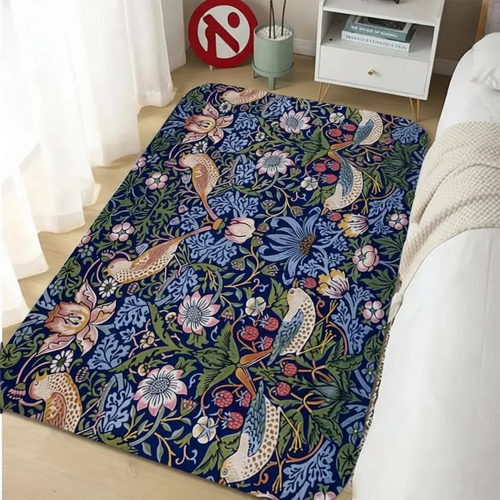 Navy blue William Morris Strawberry Thief area rug with pink florals and birds, in a bedroom near a window