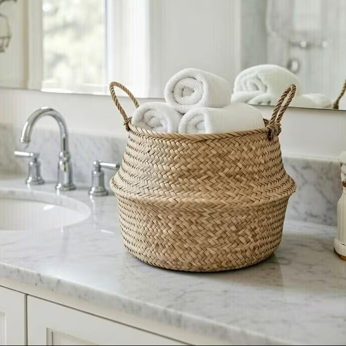 Seagrass Belly Basket, Woven Storage Organizer, Plant Pot Cover, Boho Laundry Hamper, Natural Decor