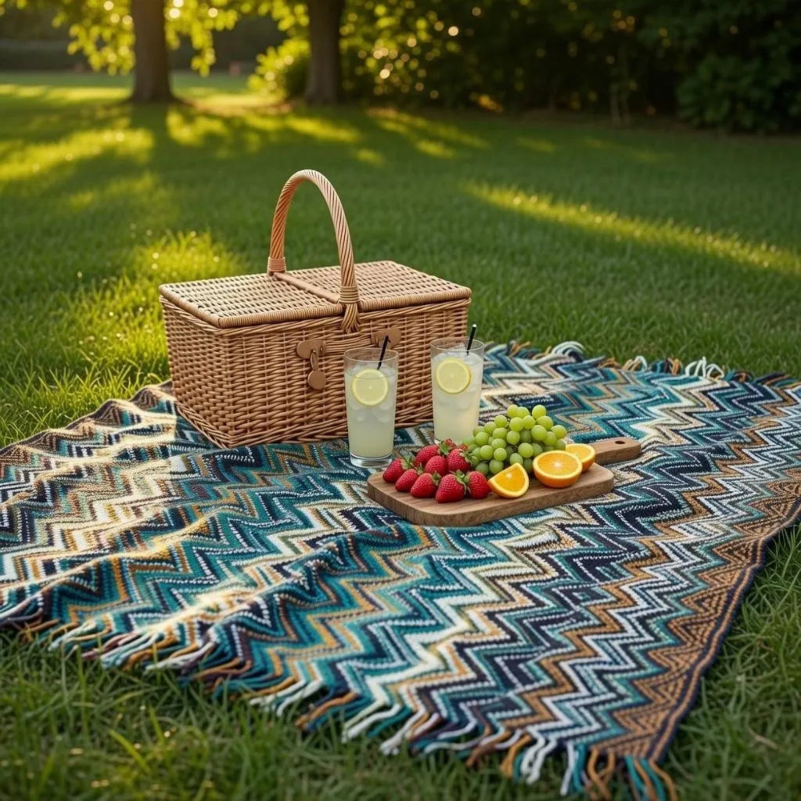 Picnic blanket spread on green grass with wicker fruit basket