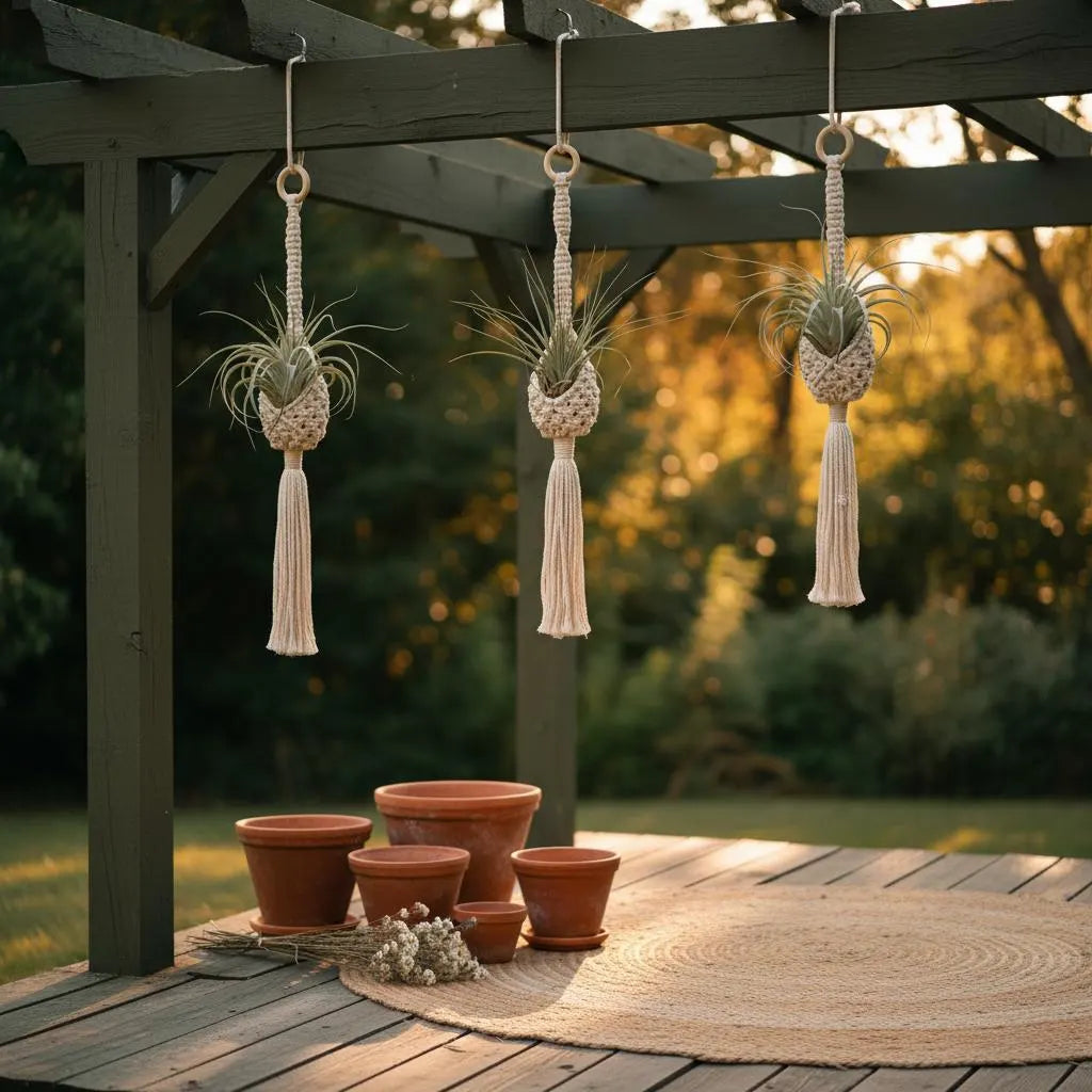 Macrame Plant Hanger Air Plant Holder | Boho Wall Hanging Crochet Planter | Farmhouse Decor Set
