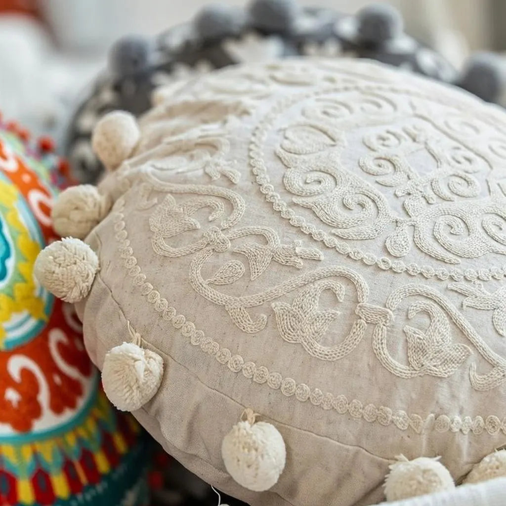 Mandala round Pillow Cover 18" Embroidered Cotton Cushion Boho Ethnic Home Decor