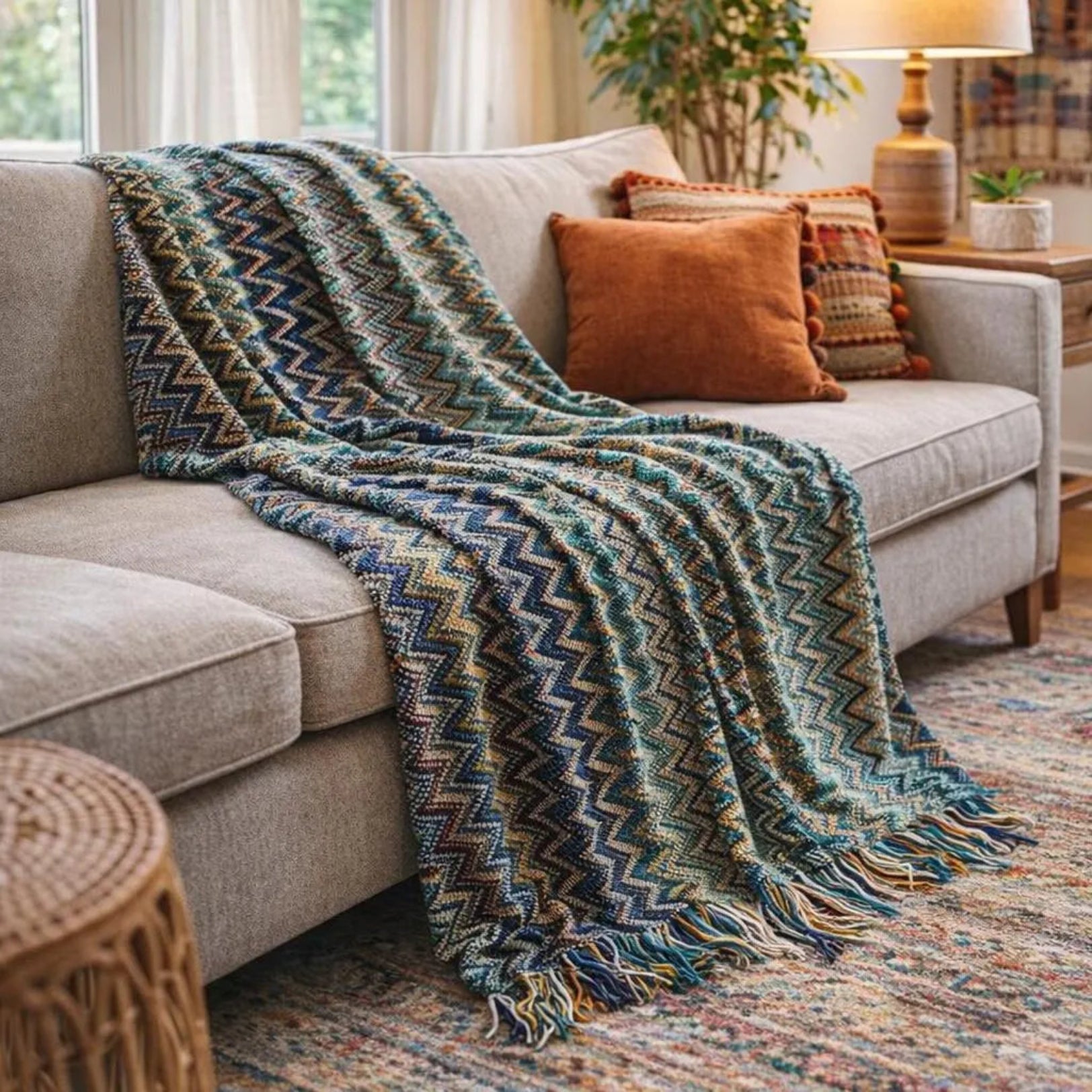 Blue chevron fringe throw draped on cream sofa with orange accent pillow