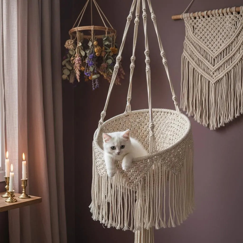 Macrame Cat Bed Hanging Hammock, Boho Cat Nest Cotton Basket, Fringe Pet Swing Gift