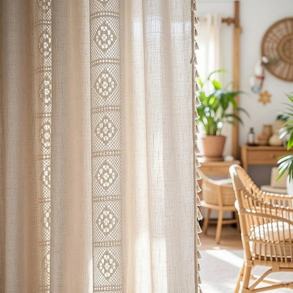 Crochet Lace Curtains Handmade Boho Tassel Trim Semi Blackout Window Treatment Farmhouse