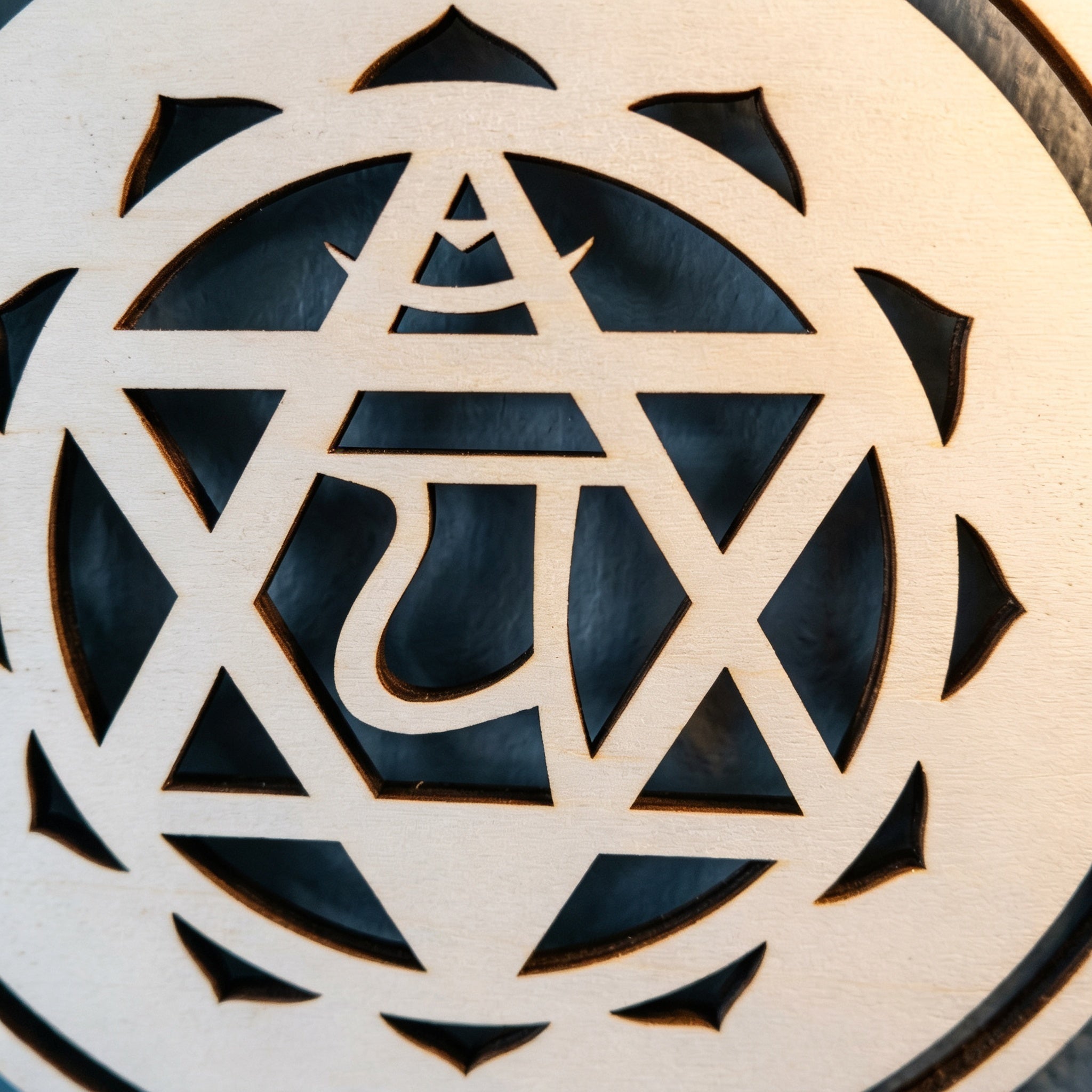 Chakra art laser cut wooden medallion sacred geometry wall hanging detail