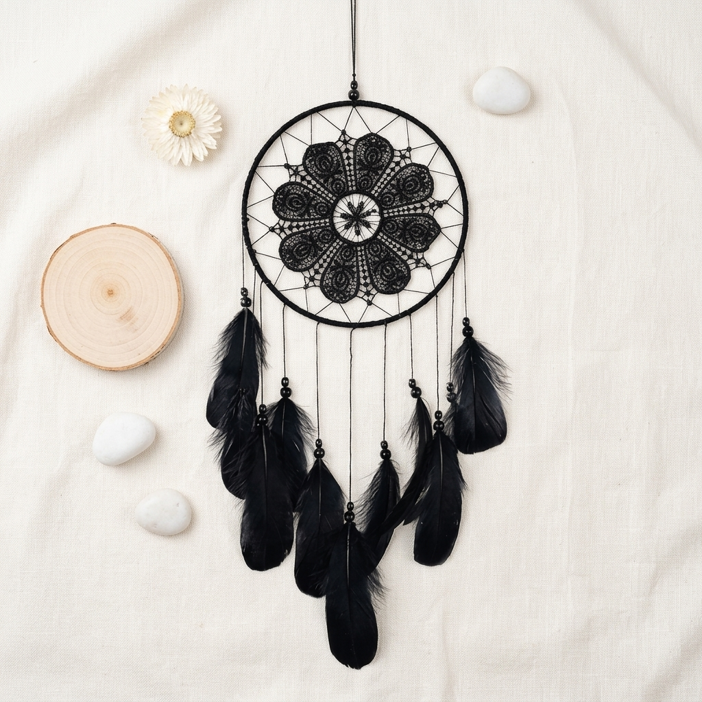 Black lace dream catcher with dark feathers flat lay on cream linen — product detail photo