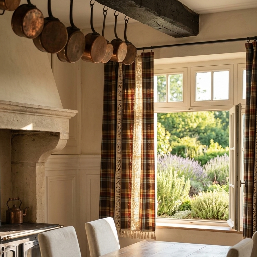 Brown tartan plaid crochet curtain hanging in a warm alpine cottage bedroom with glowing fireplace
