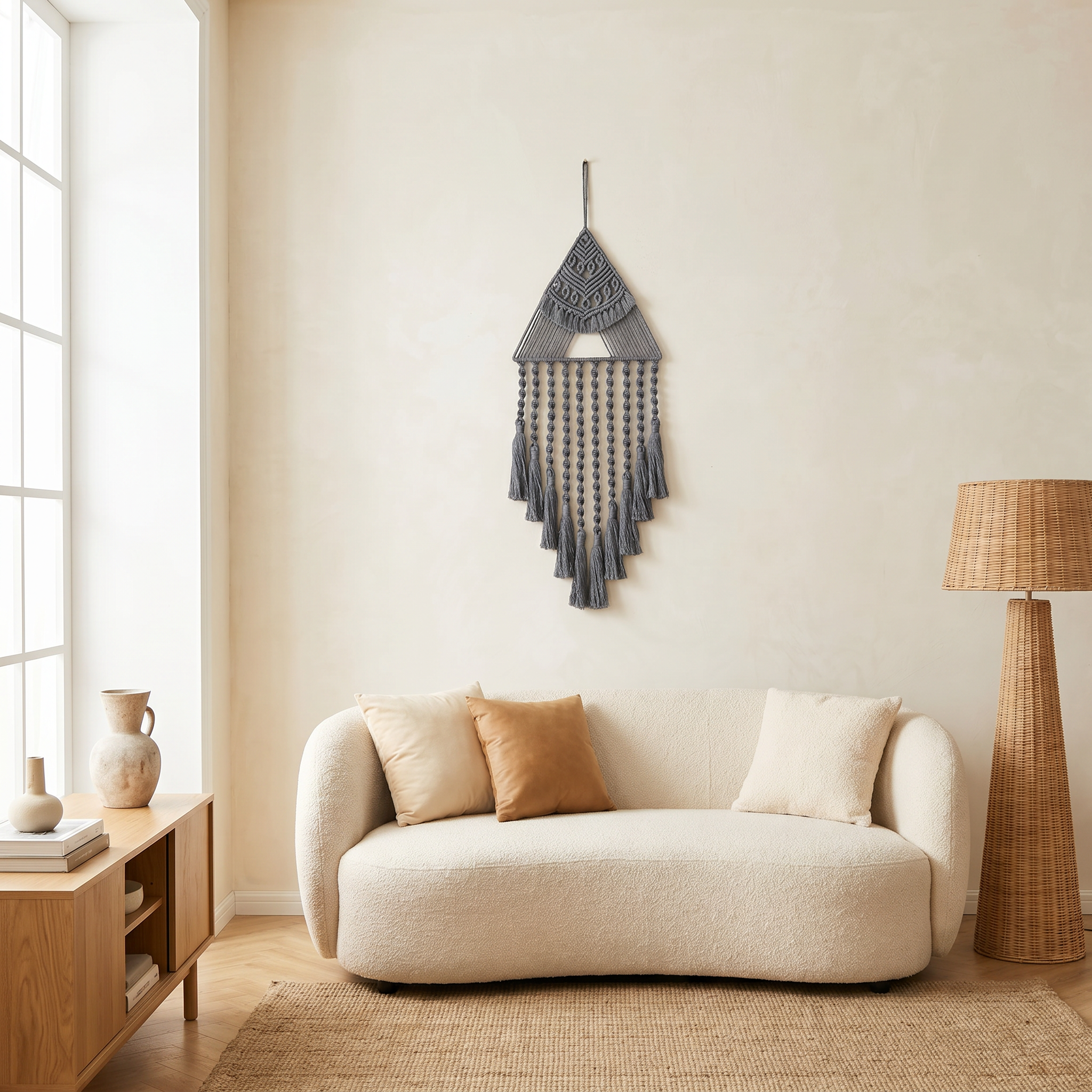Gray triangle macrame dreamcatcher wall hanging above white sofa — boho living room decor with rattan floor lamp