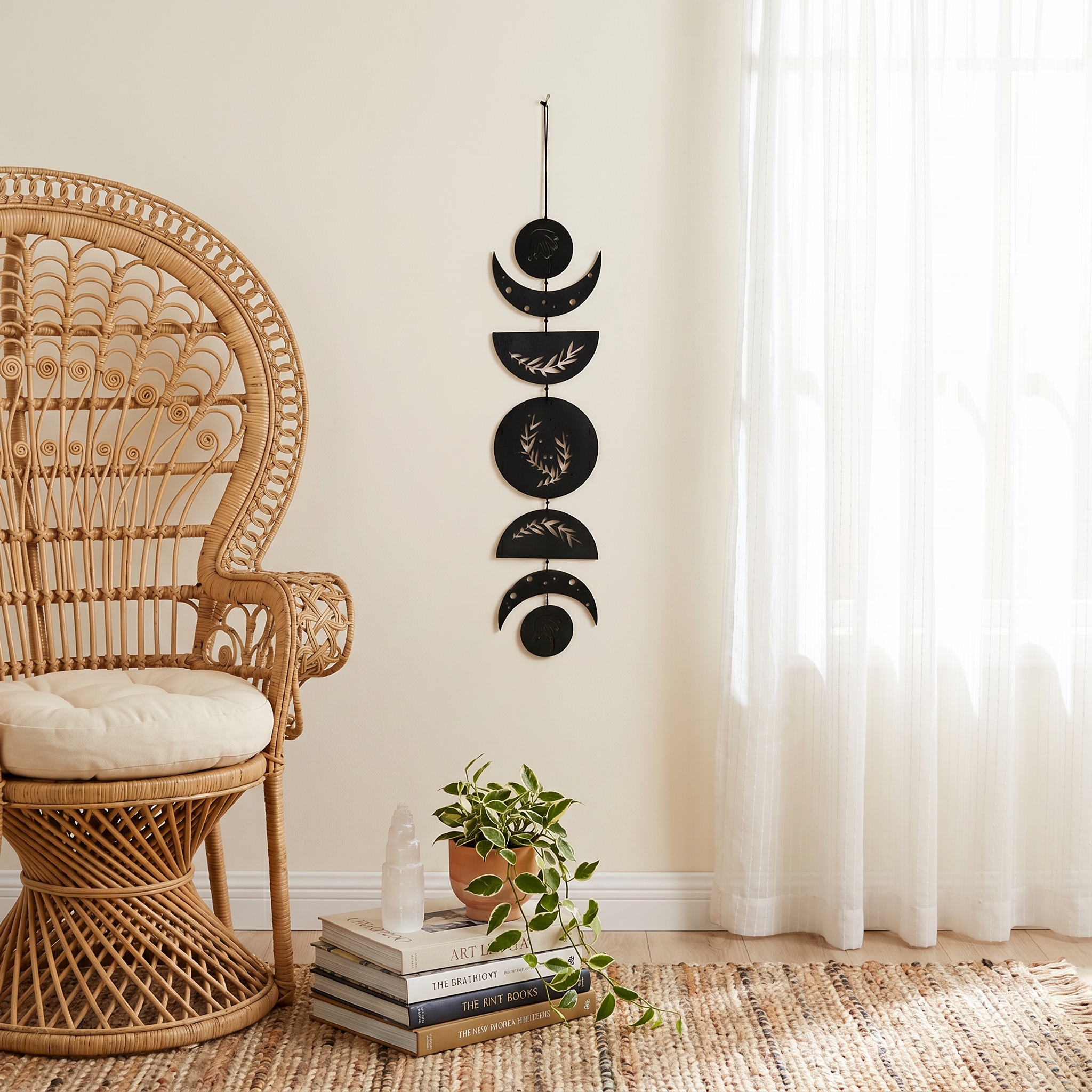 Celestial wall decor — matte black moon phase hanging with botanical engraving detail