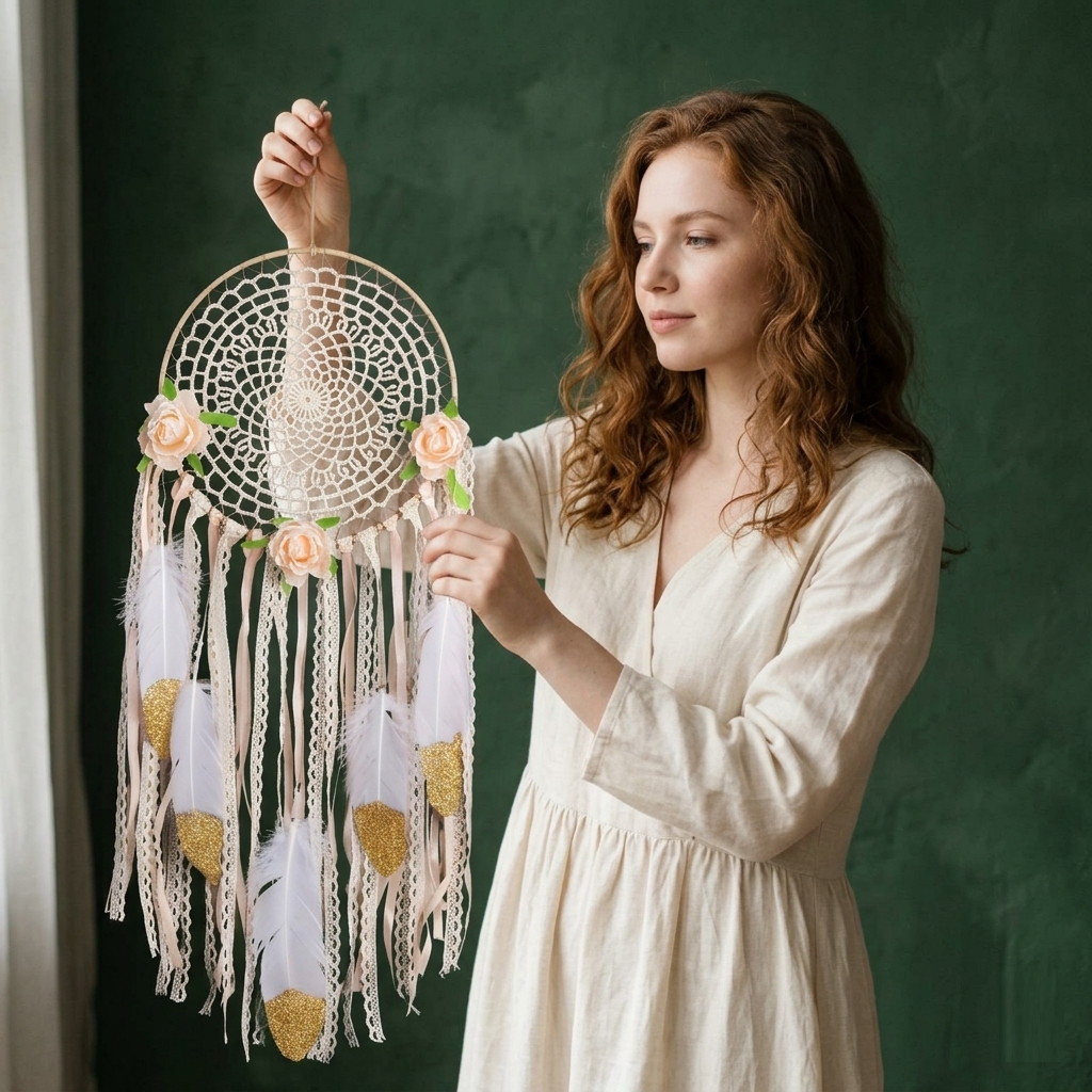 Woman holding bohemian flower dreamcatcher with peach roses feathers and gold hearts against forest green wall
