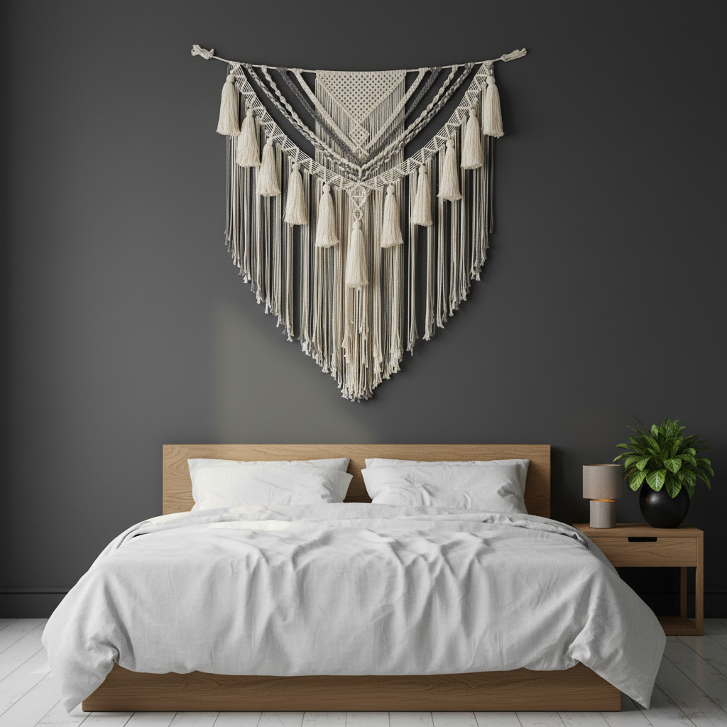 Macrame wall hanging above bed dark wall — large bohemian bedroom wall decor, cotton tassel fringe tapestry