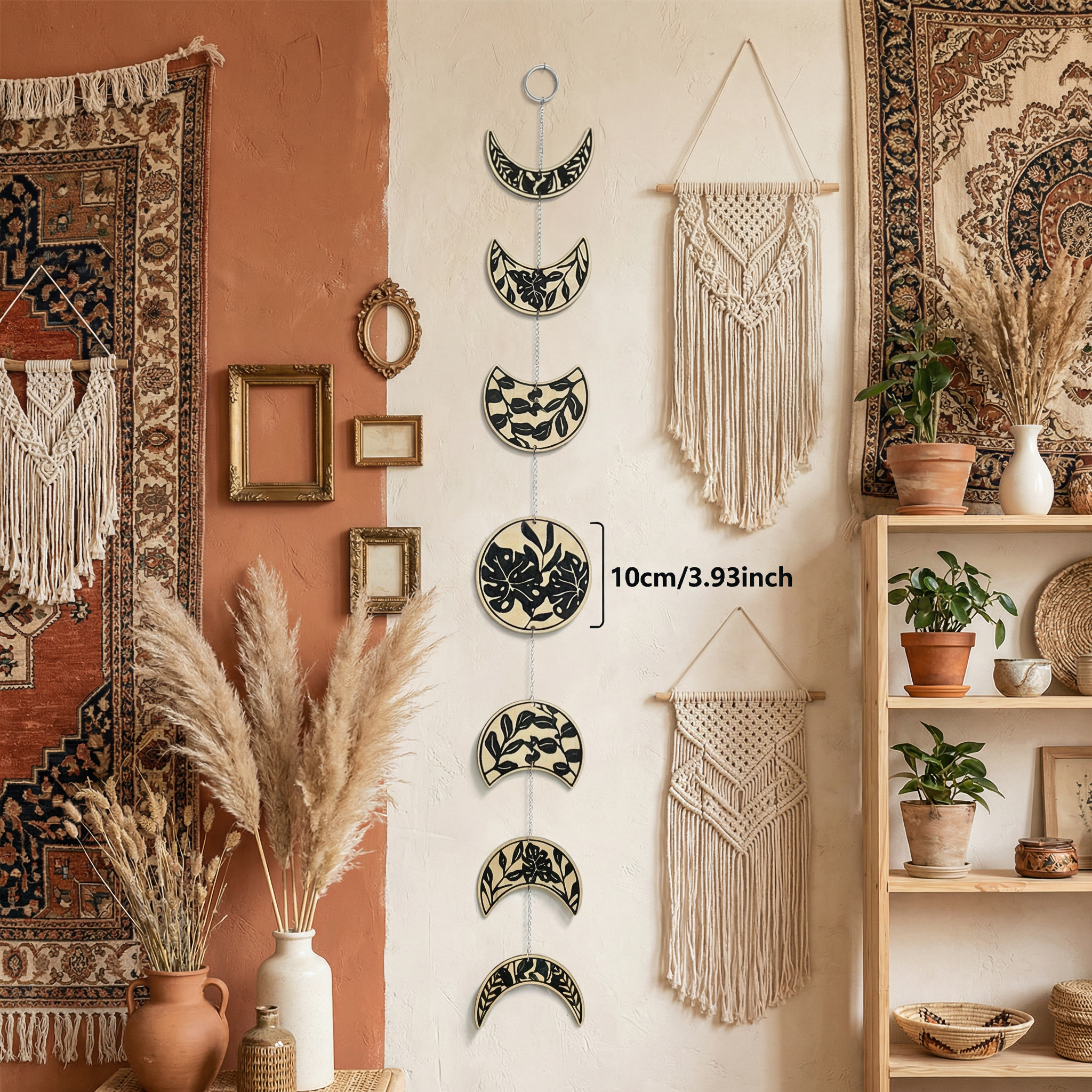 Moon phase garland in earthy boho living room with pampas grass and rattan, cottagecore wall decor