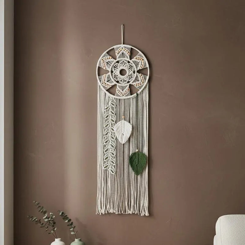 Macrame Wall Hanging Dream Catcher | Mandala Boho Wall Decor Wood Beads Green Leaf Fringe