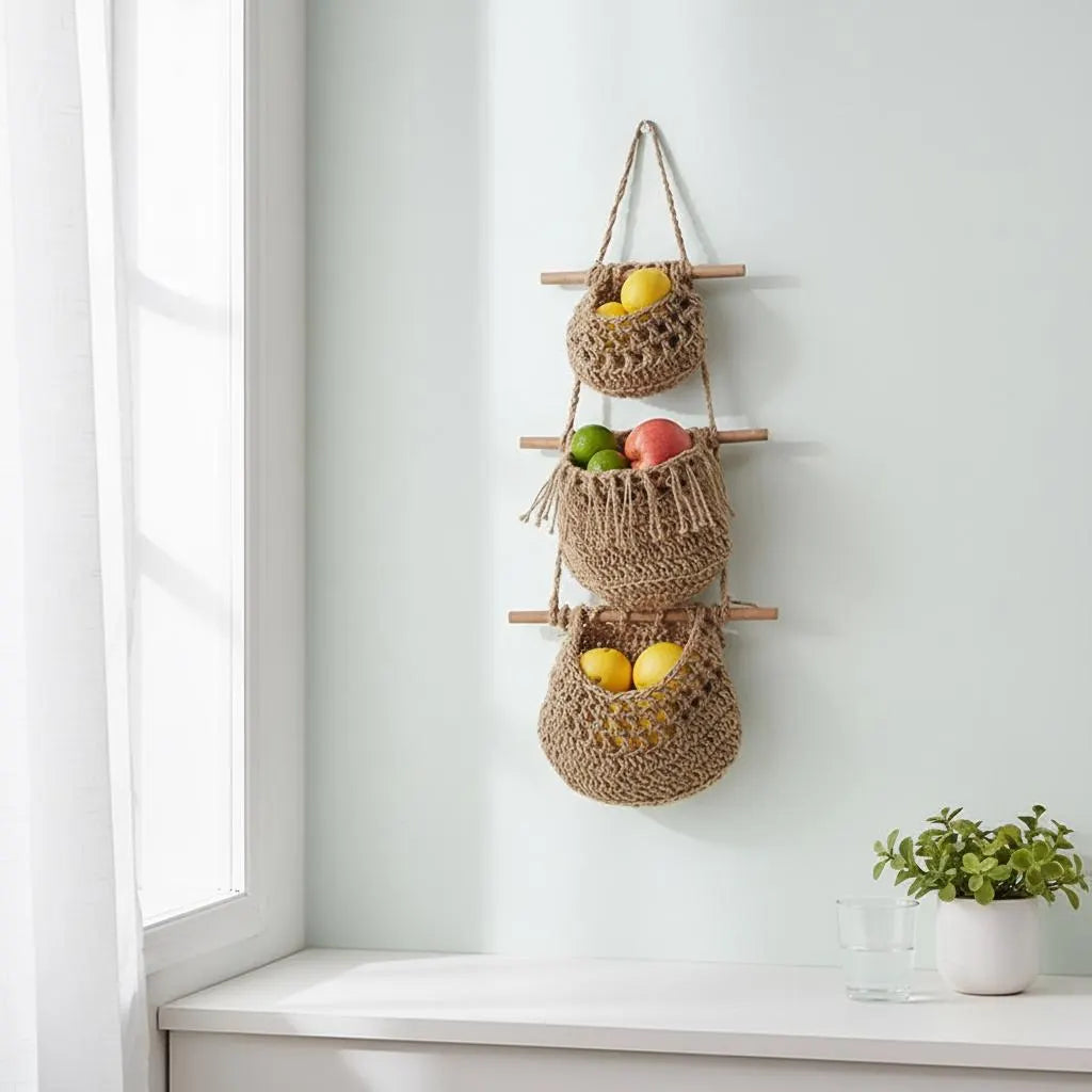 Cream cotton rope hanging basket with terracotta pot and herbs, natural boho home organizer