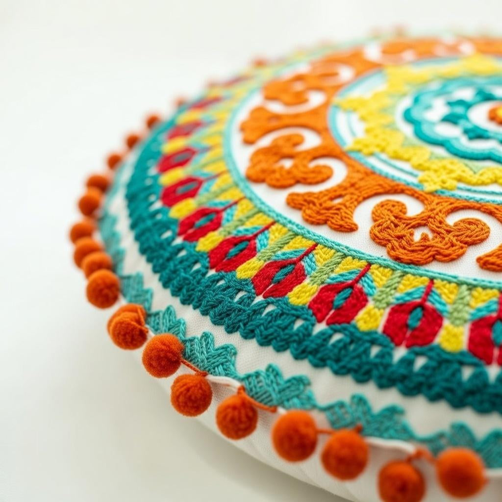 Mandala round Pillow Cover 18" Embroidered Cotton Cushion Boho Ethnic Home Decor